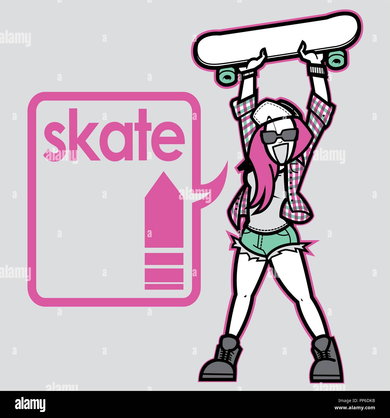 Skater girl with skateboard and pink speech bubble Stock Vector Image