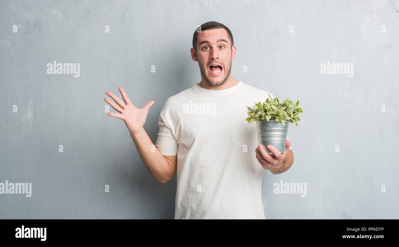 Young caucasian man over grey grunge wall holding plant pot very happy and excited, winner expression celebrating victory screaming with big smile and Stock Photo