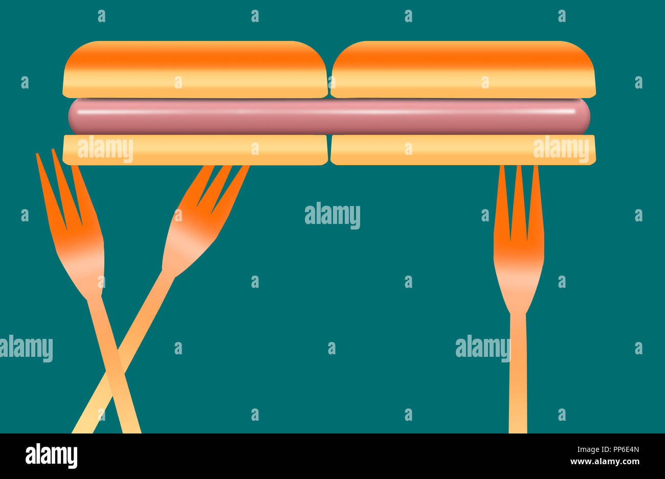Here are hot dogs, buns and plastic forks in illustration about wieners