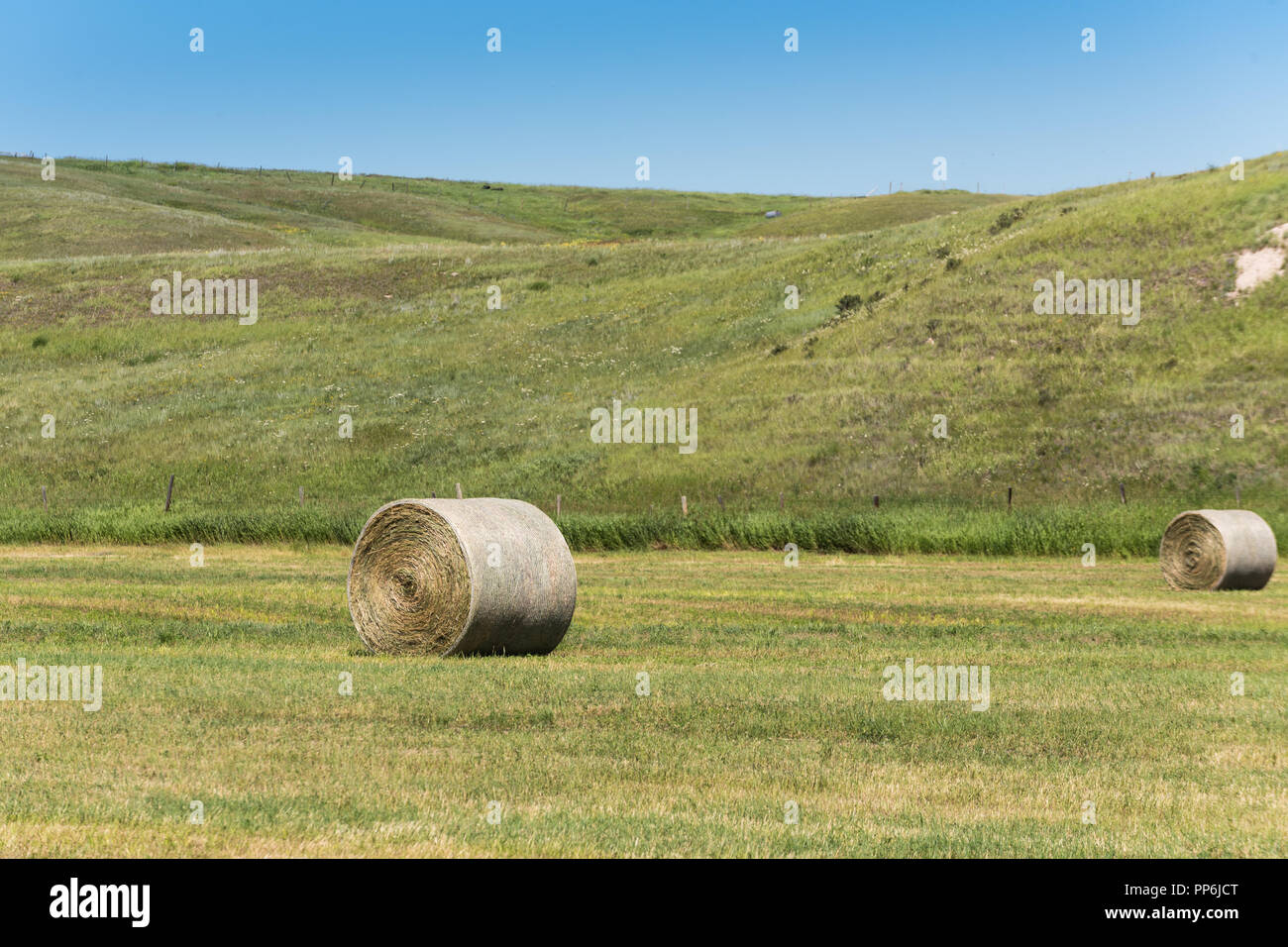 Haybales and rural farmland in the prairies of Southern Alberta Canada Stock Photo