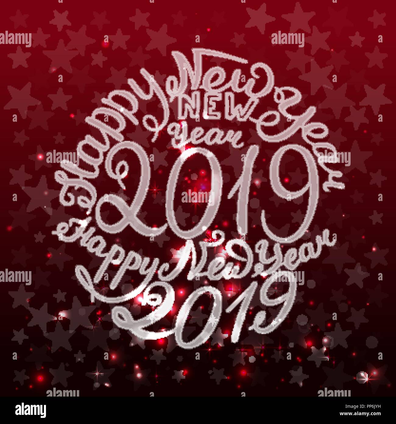 2019. Happy New Year. Handwriting text. Vector illustration red background. Stock Vector