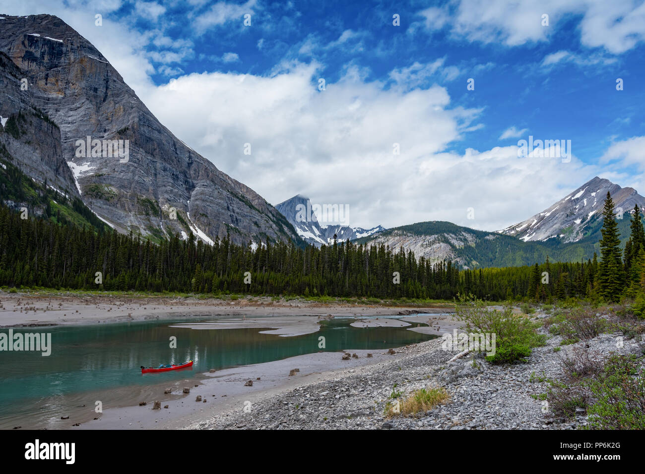 Canoe camping in the mountains, Kananskis Lake Alberta Canada Stock