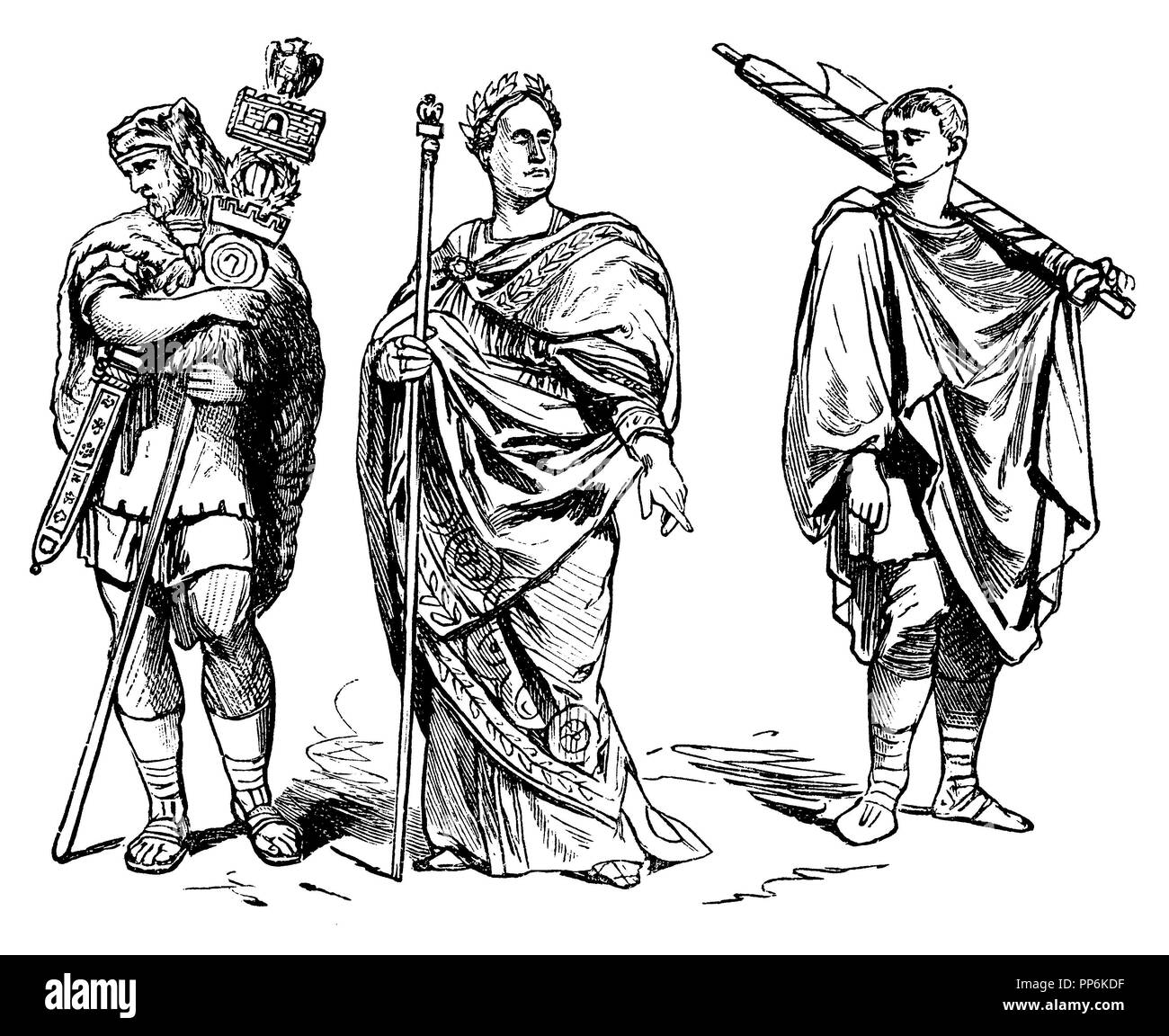Romans, left Signifer, Germanic, center: Imperator, right: Lictor, anonym  1896 Stock Photo
