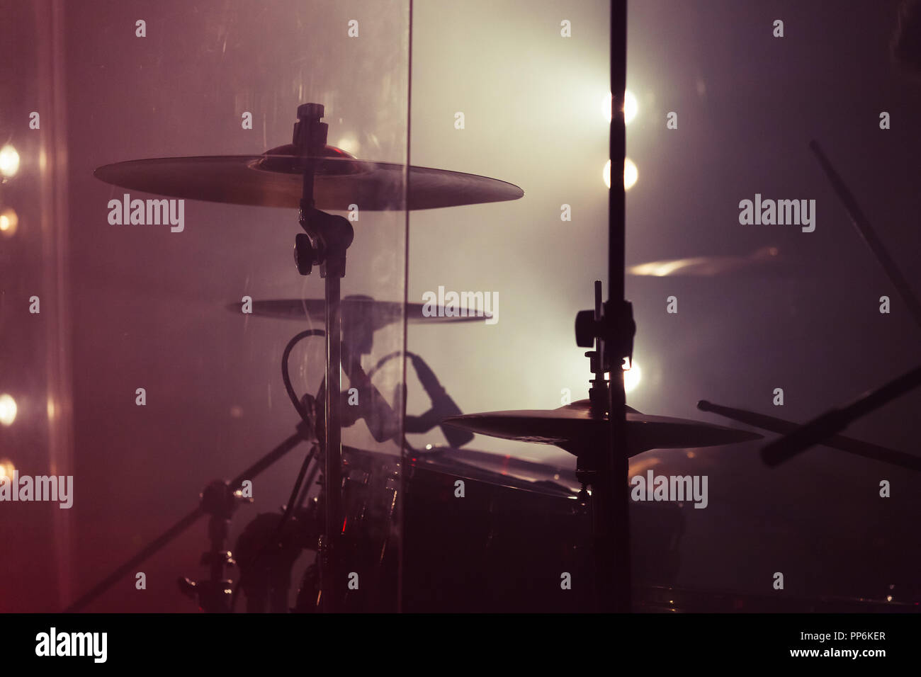 Live music background photo, rock band drum set. Vintage warm toned close up photo, soft selective focus Stock Photo
