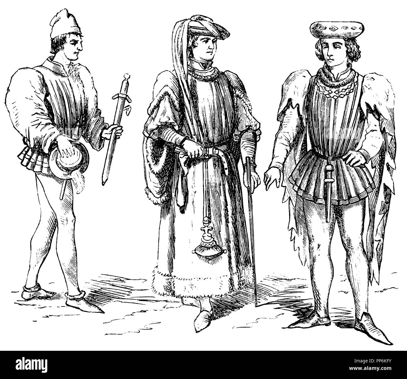 French (1400-1500), left and center: Noblemen under Charles VII (1422-1461), right: Edelmann, 1415, anonym  1896 Stock Photo