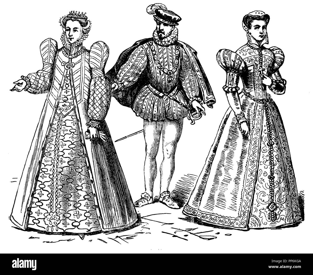 Spanish Costume (1550-1600), France, left: Catherine de Medici, b. 1519, died 1589, middle: Charles IX. (1560-1574), right: Mary Stuart, Queen of France 1559/60, anonym  1896 Stock Photo