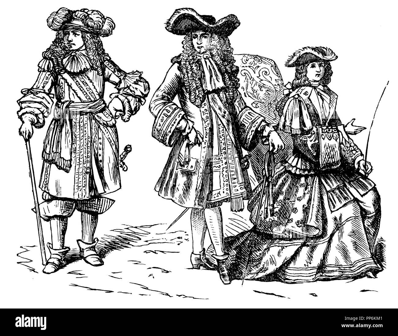 Allongetracht (1650-1720), left: Louis XIV. Since 1670 in warrior costume, middle: Louis XIV. Since 1670, in court dress, right: Elisabeth Charlotte of Orleans in riding dress, anonym  1896 Stock Photo