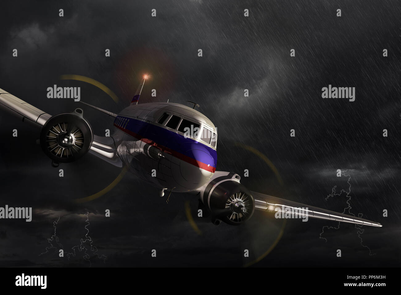 Airplane Douglas DC-3, danger and dramatic situation in the dark thunderstorm. 3D render illustration. Stock Photo