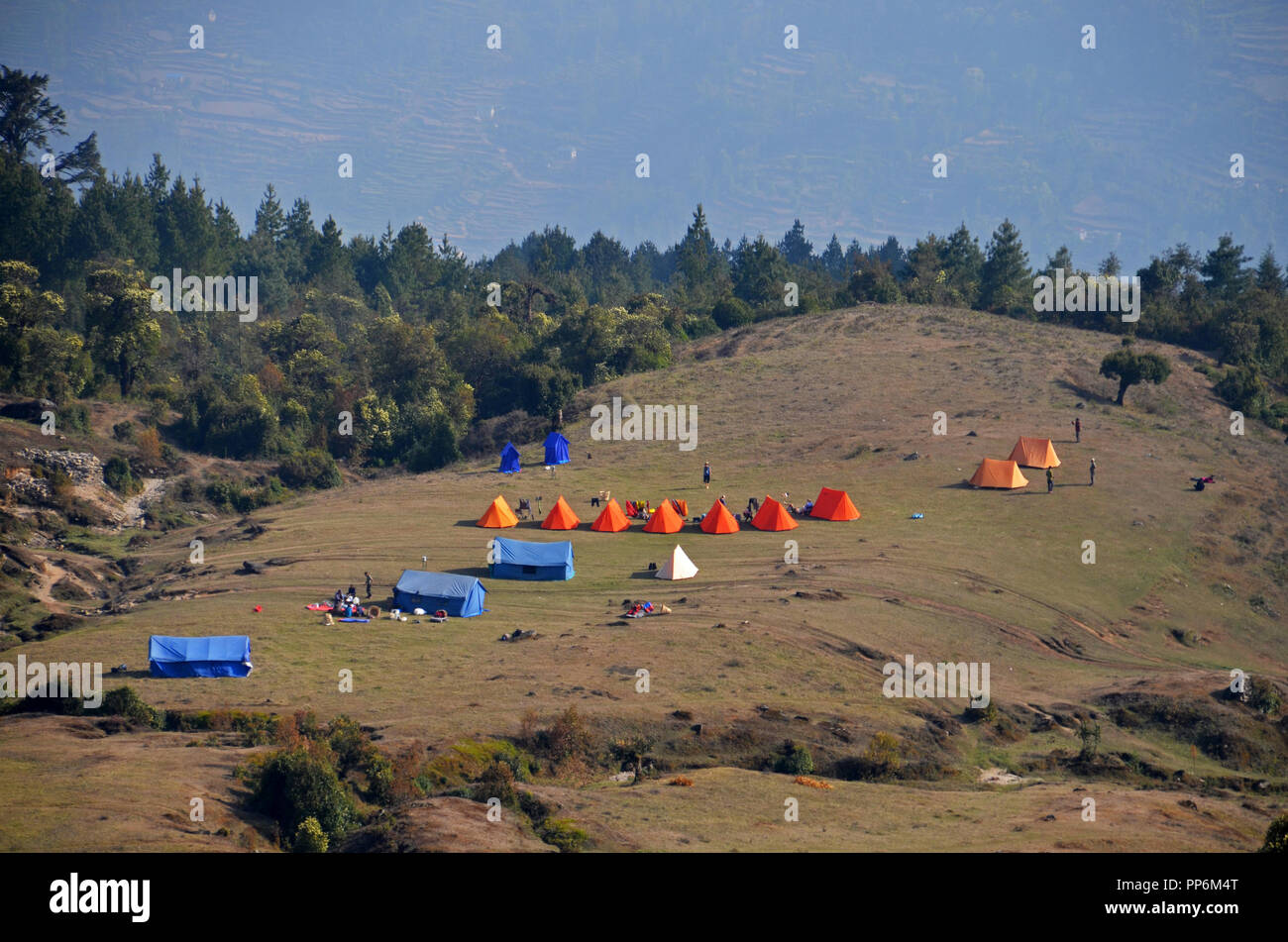 A tourist camp set up in the countryside above the village of Nele, Solukhumbu, Nepal Stock Photo