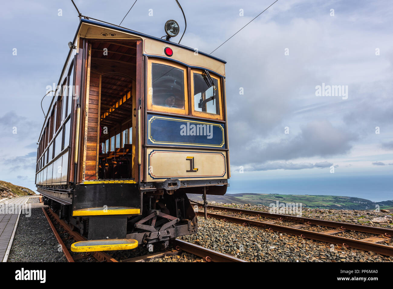 Snaefell Mountain Railway tram on the summit, Isle of Man. Stock Photo