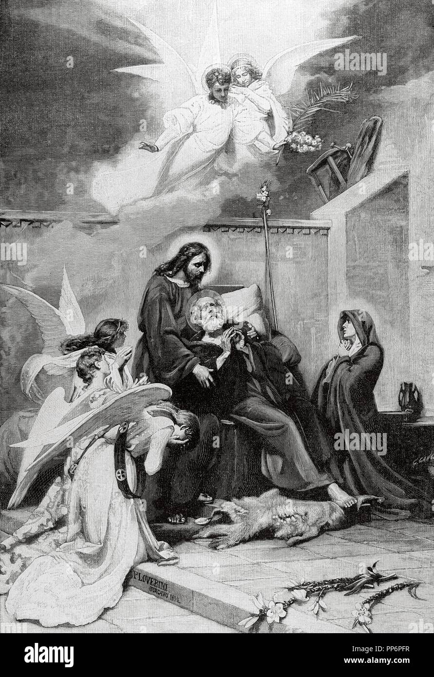 Death of Saint Joseph. Engraving by C. Cantalo. 'La Ilustracion', 1882. Stock Photo