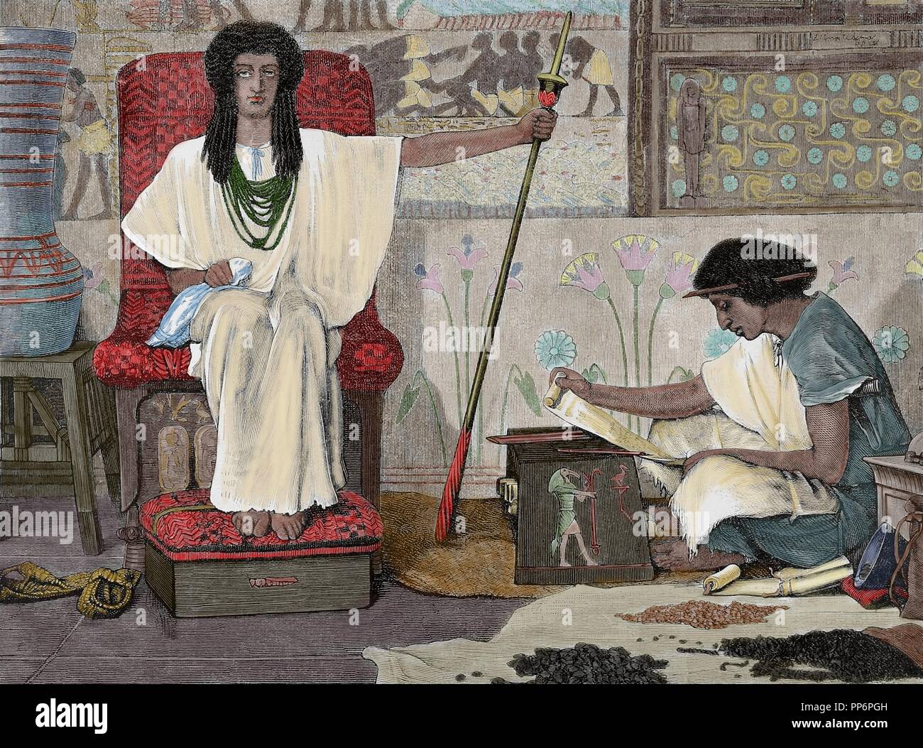 Joseph interpreting the Pharaoh's Dream. Dore Bible Illustration. Genesis 41:25-26. 19th century. Colored engraving. Stock Photo
