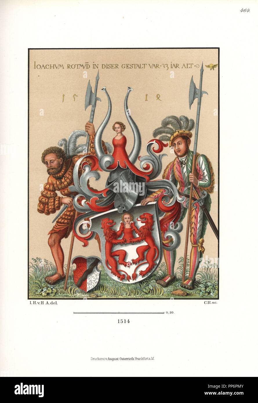 Two German mercenaries with halberds holding a coat of arms, early 16th century. The shield depicts two red lions rampant holding a bust of a woman, with helmet, horns and woman's bust above. Inscribed with 'Joachum Rotmund in dieser Gestalt war 23 Jahr alt,' monogram of the painter, an owl, and the year 1514. Chromolithograph from Hefner-Alteneck's 'Costumes, Artworks and Appliances from the Middle Ages to the 17th Century,' Frankfurt, 1889. Illustration by Dr. Jakob Heinrich von Hefner-Alteneck, lithographed by C. Regnier. Dr. Hefner-Alteneck (1811 - 1903) was a German museum curator, archae Stock Photo