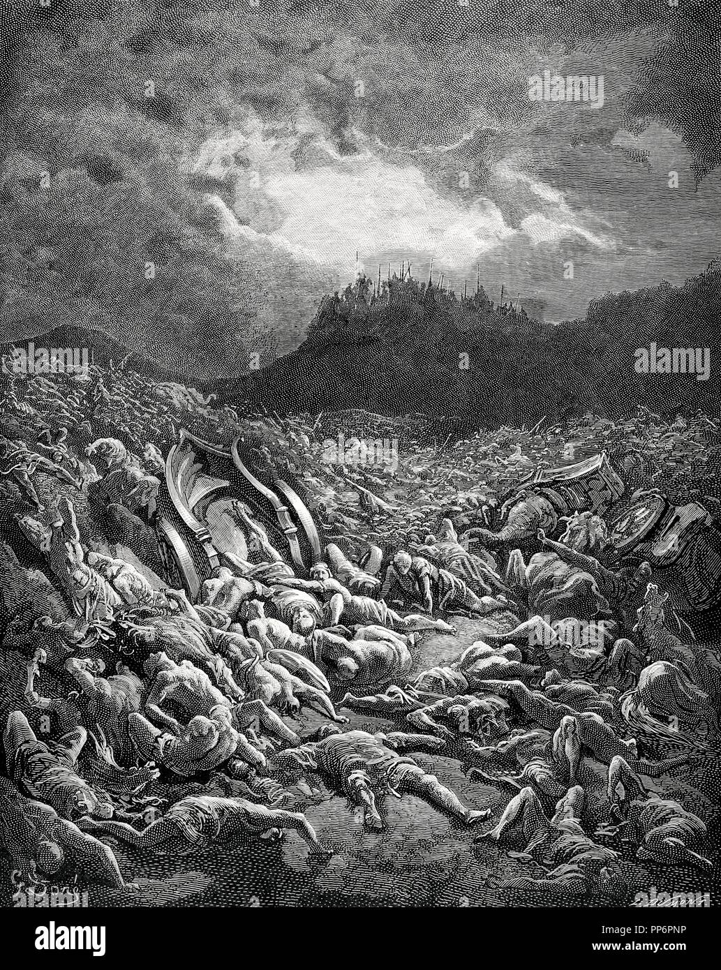 The Destruction of the Armies of the Ammonites and Moabites. Dore Bible illustrations. 19th century. Engraving. Stock Photo