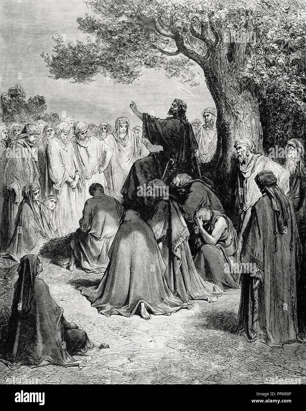 New Testament. Jesus preaching to the crowd. Gospel of Matthew, Chapter IV, Verses 17-22. Engraving. 19th century. Stock Photo