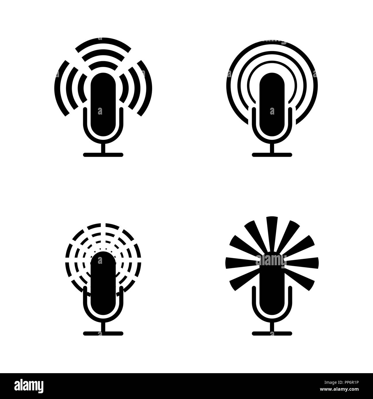 Set of four black microphones isolated on white background Stock Vector