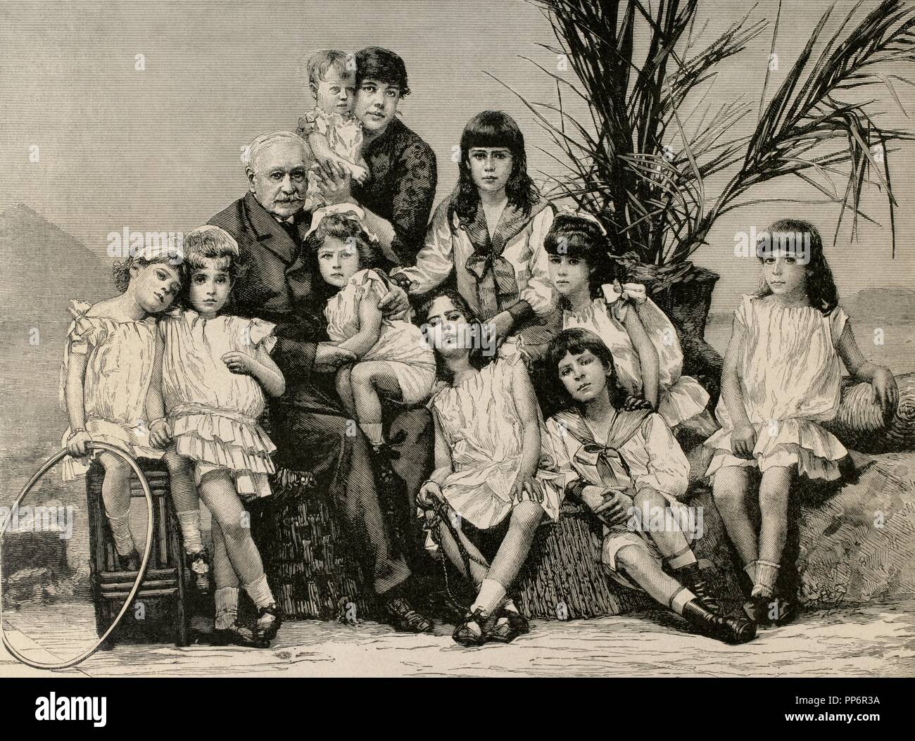 Ferdinand de Lesseps (1805-1894). French diplomat and entrepreneur. Lesseps with his family. Engraving in The Artistic Illustration, 1886. Stock Photo