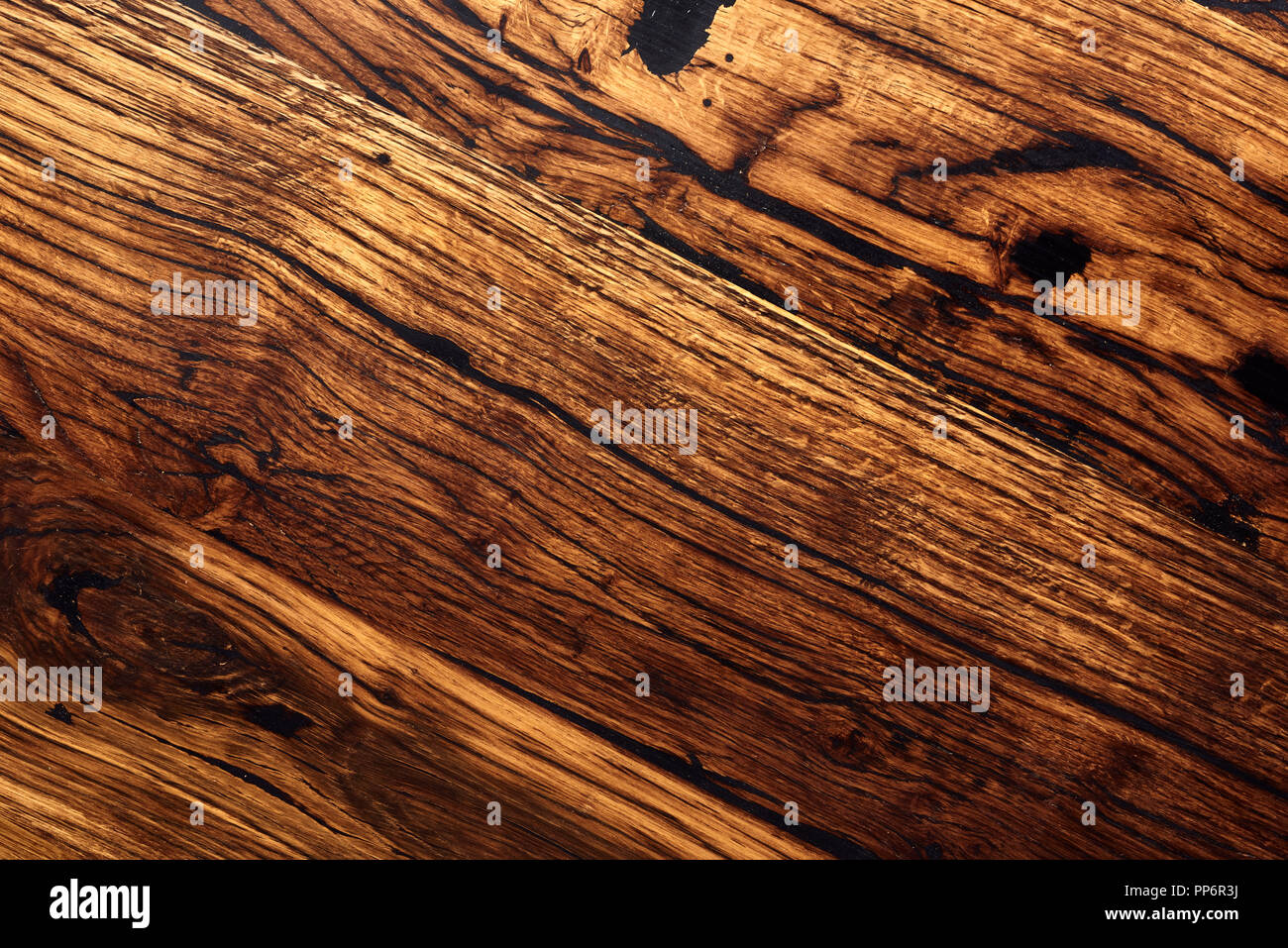 Oak wood table. Authentic board. Top view. Stock Photo