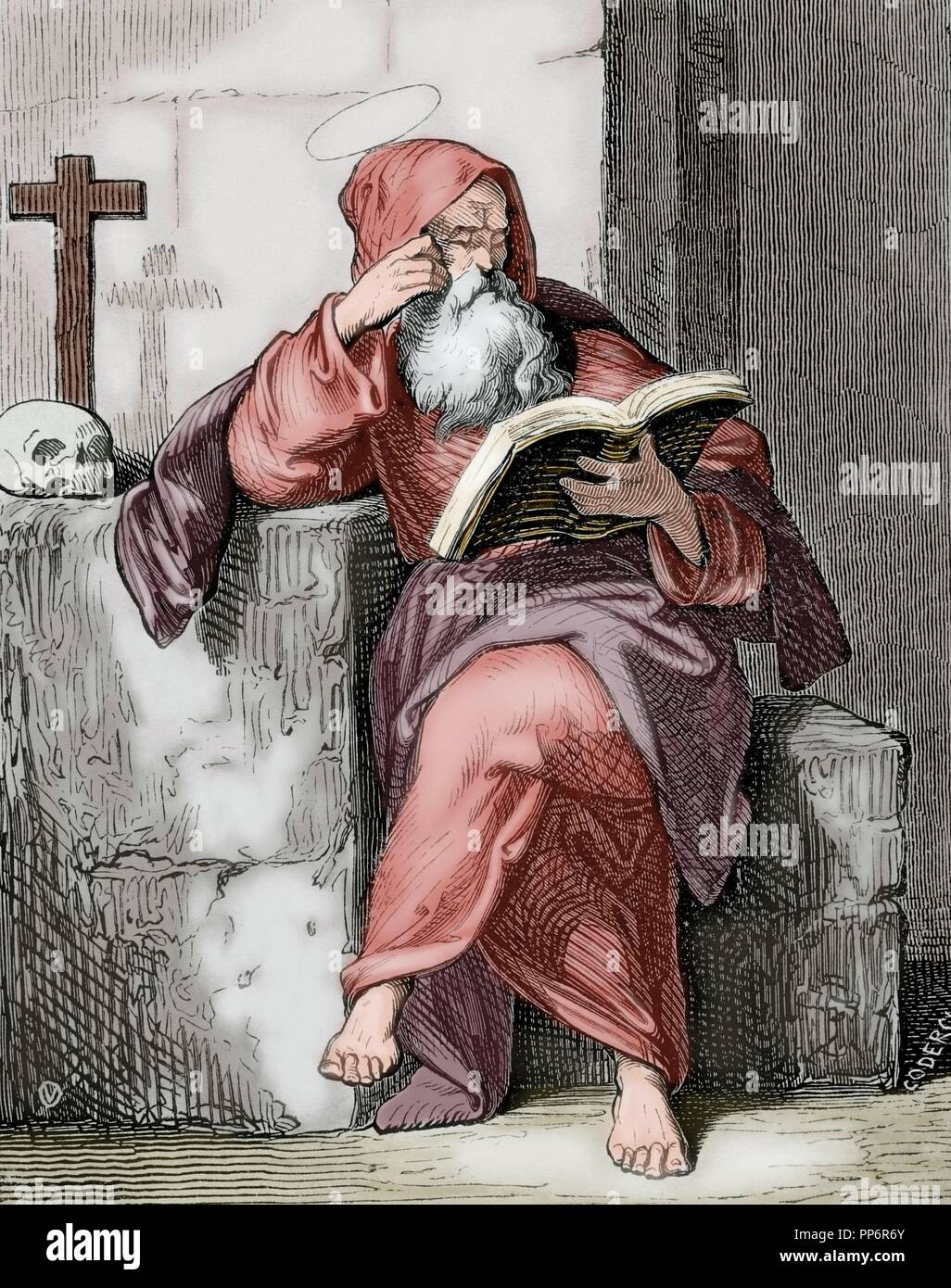 Saint Isaac of Cordoba (d. 851). Monk and martyr in the hispanic province of Andalusia, in times of Muslim rule. Engraving by Coderch in Christian Year, 1852. Colored. Stock Photo