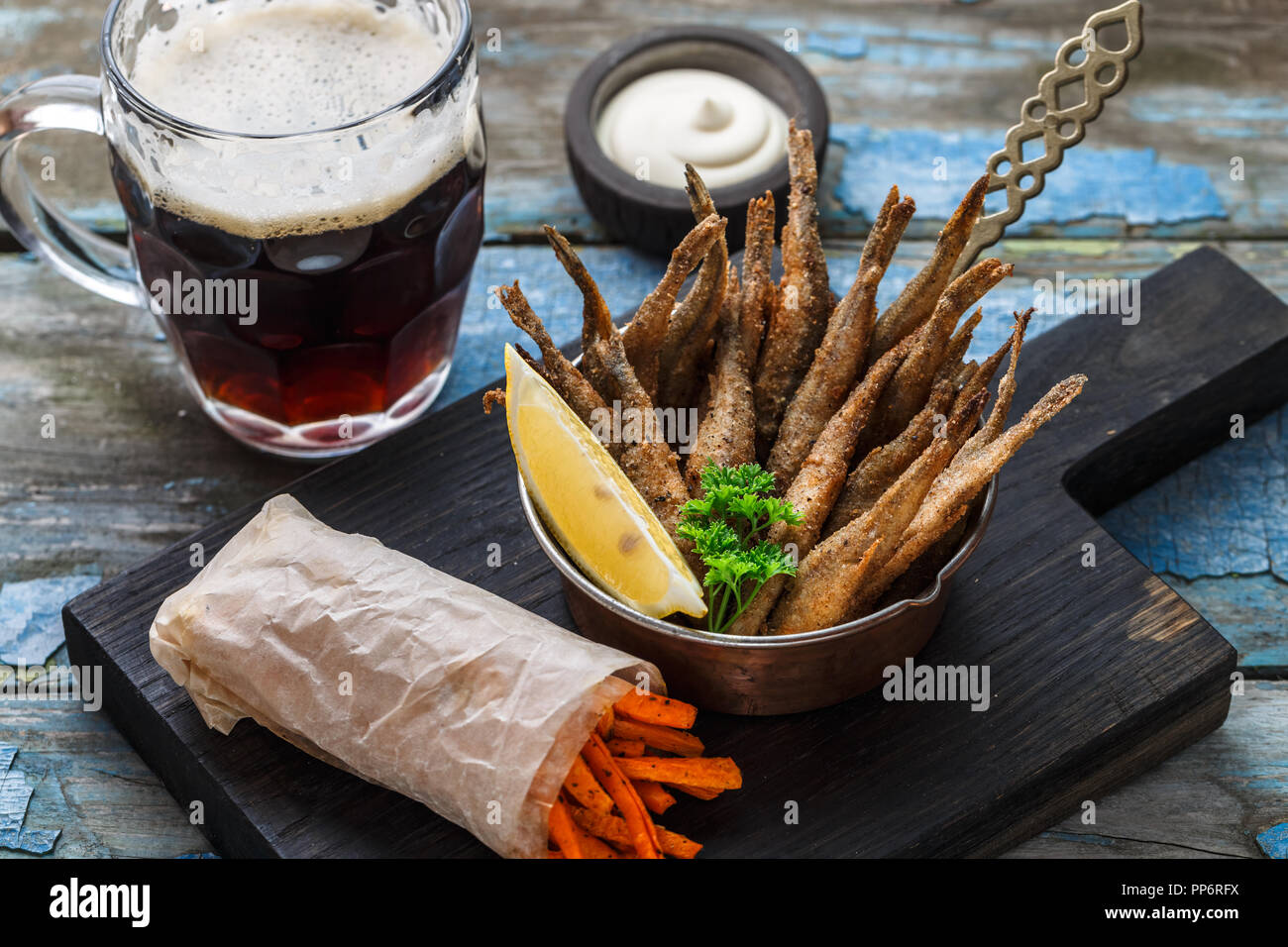 Deep Fried Smelt Fish With Beer Copy Space Stock Photo Alamy