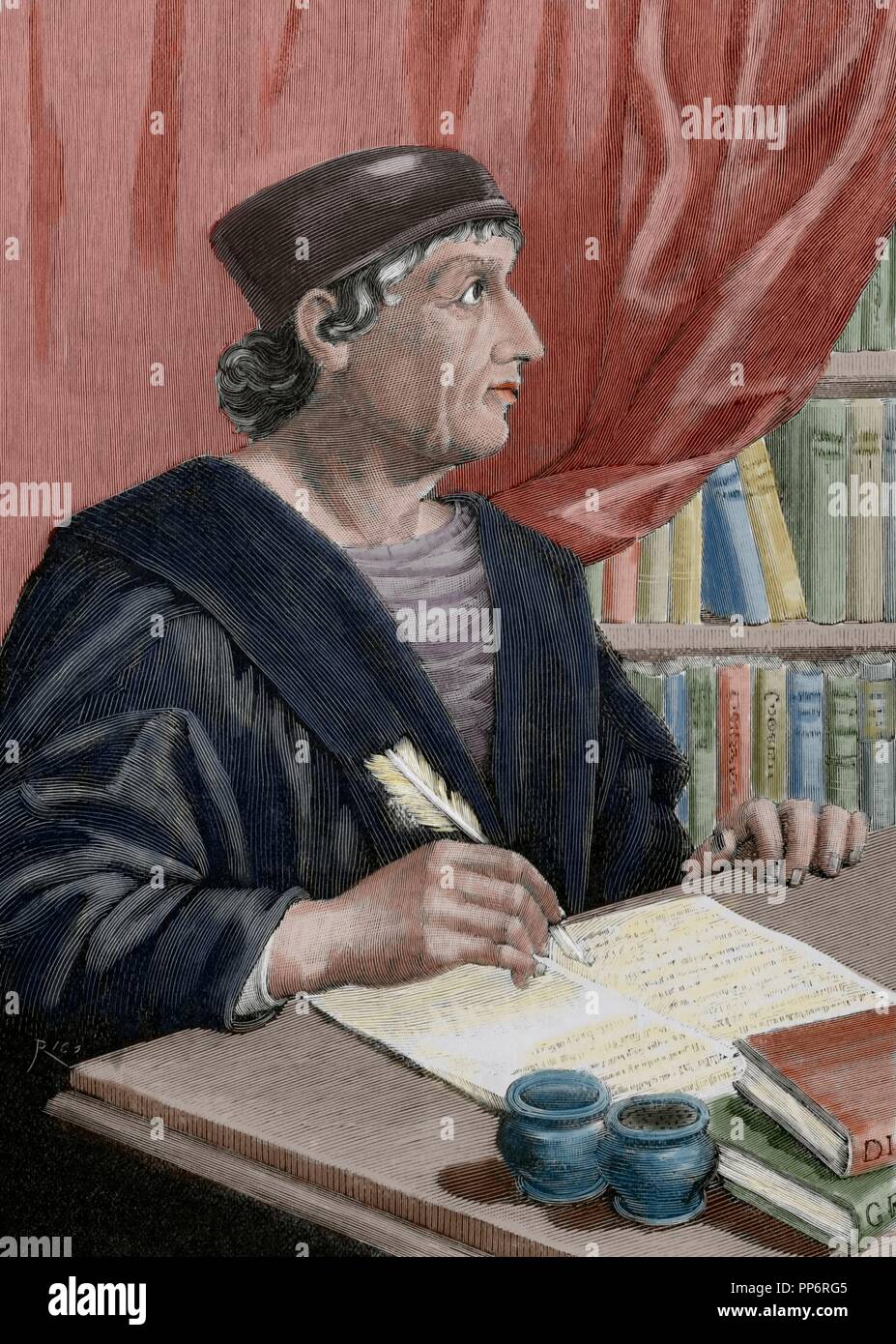 Antonio Nebrija (1441-1522). Spanish scholar, historian, teacher and poet. Writing a grammar of the Castilian language. Engraving. Colored. Stock Photo