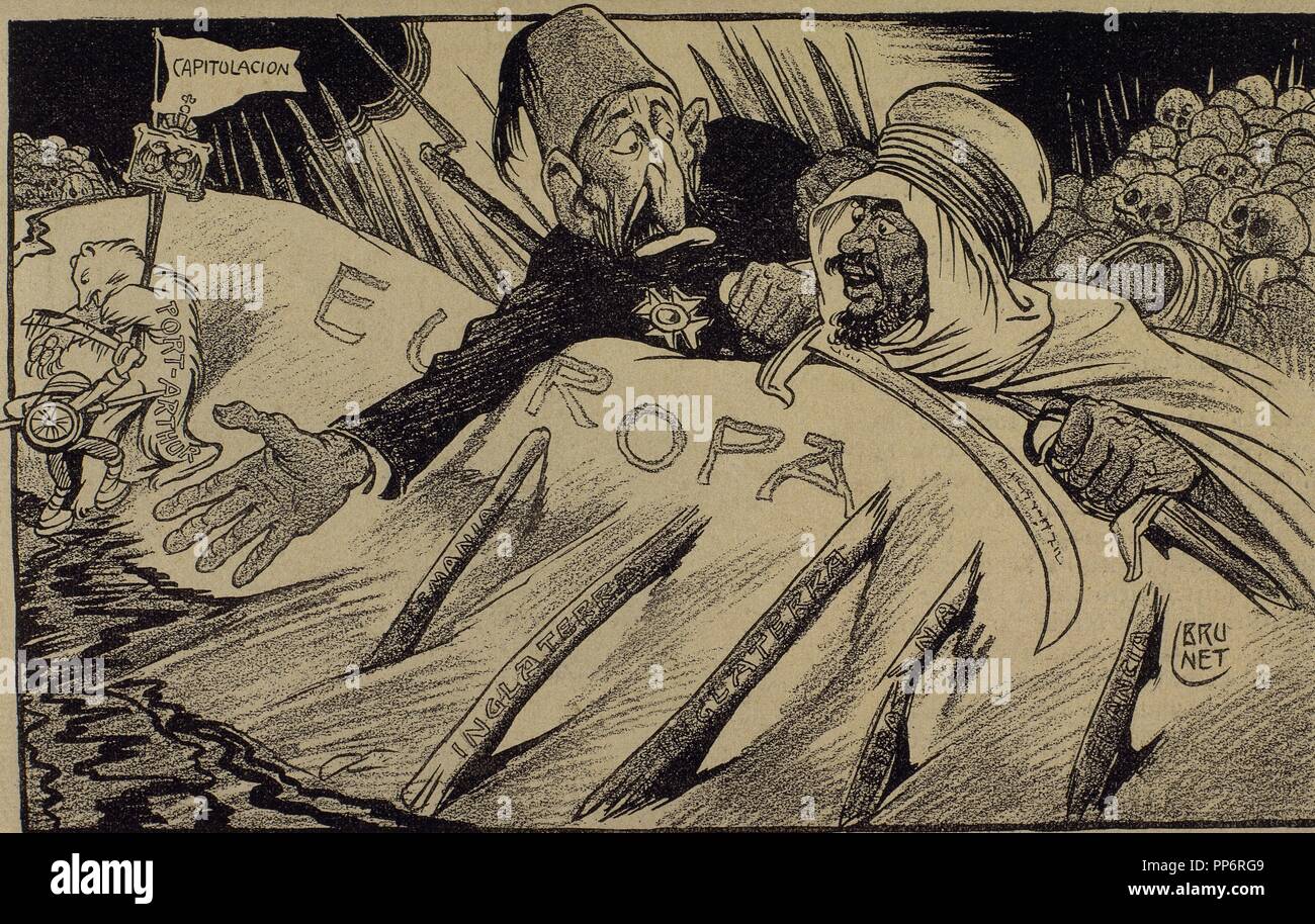 Russo-Japanese War (1904-1905). Allegorical engraving over the conflict. By L. Brunet, 1905. Stock Photo