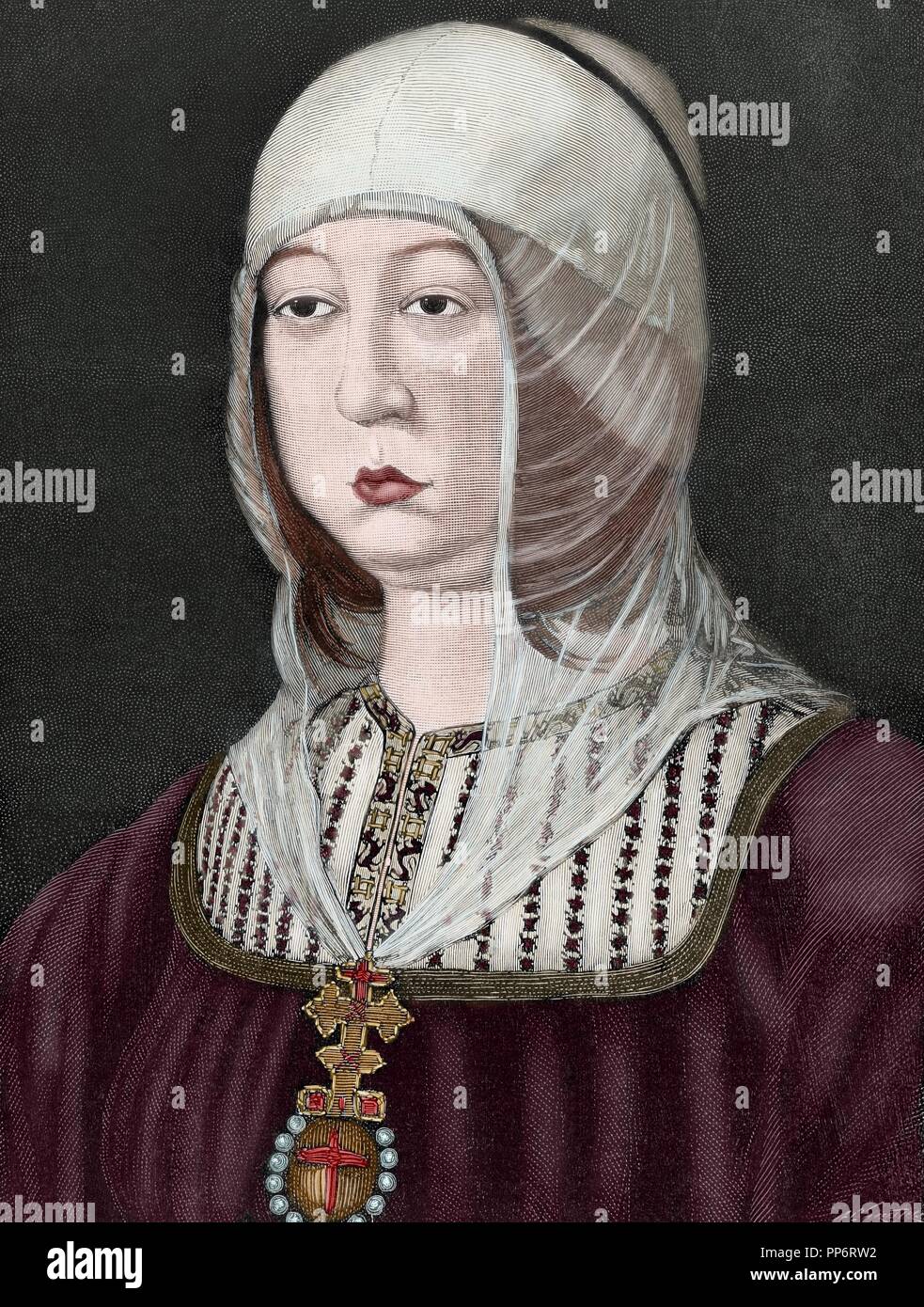 Isabella I of Castile (1451-1504). Queen of Castile. Engraving by Arturo Carretero in The Spanish and American Illustration, 1886. Colored. Stock Photo
