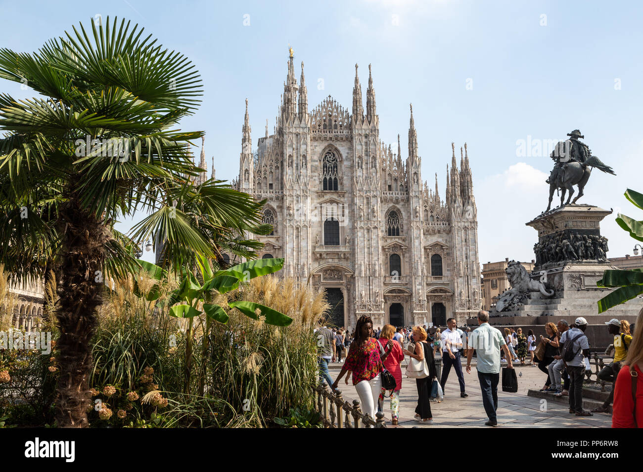 Milan, Italy - September 21 ,2018: Palm trees in Piazza Duomo, Milan, Italy Stock Photo