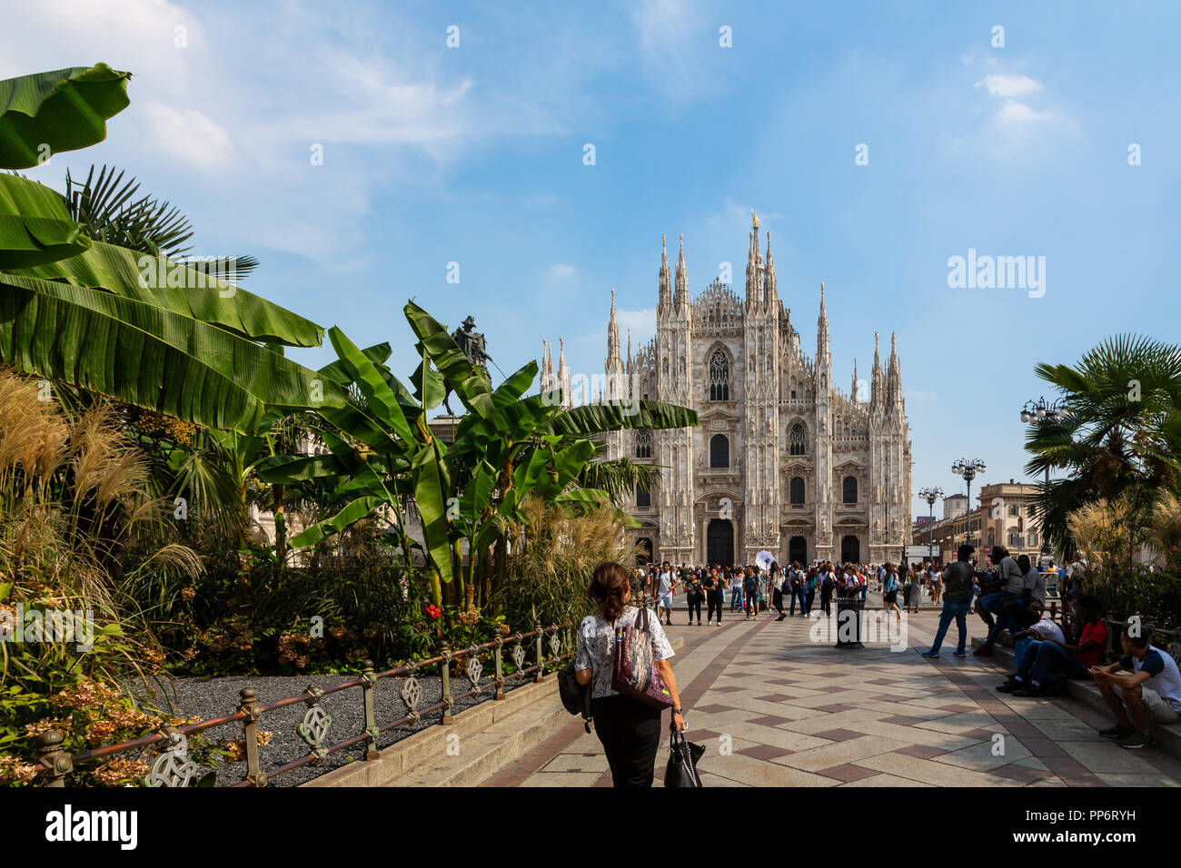 Milan, Italy - September 21 ,2018: Palm trees in Piazza Duomo, Milan, Italy Stock Photo