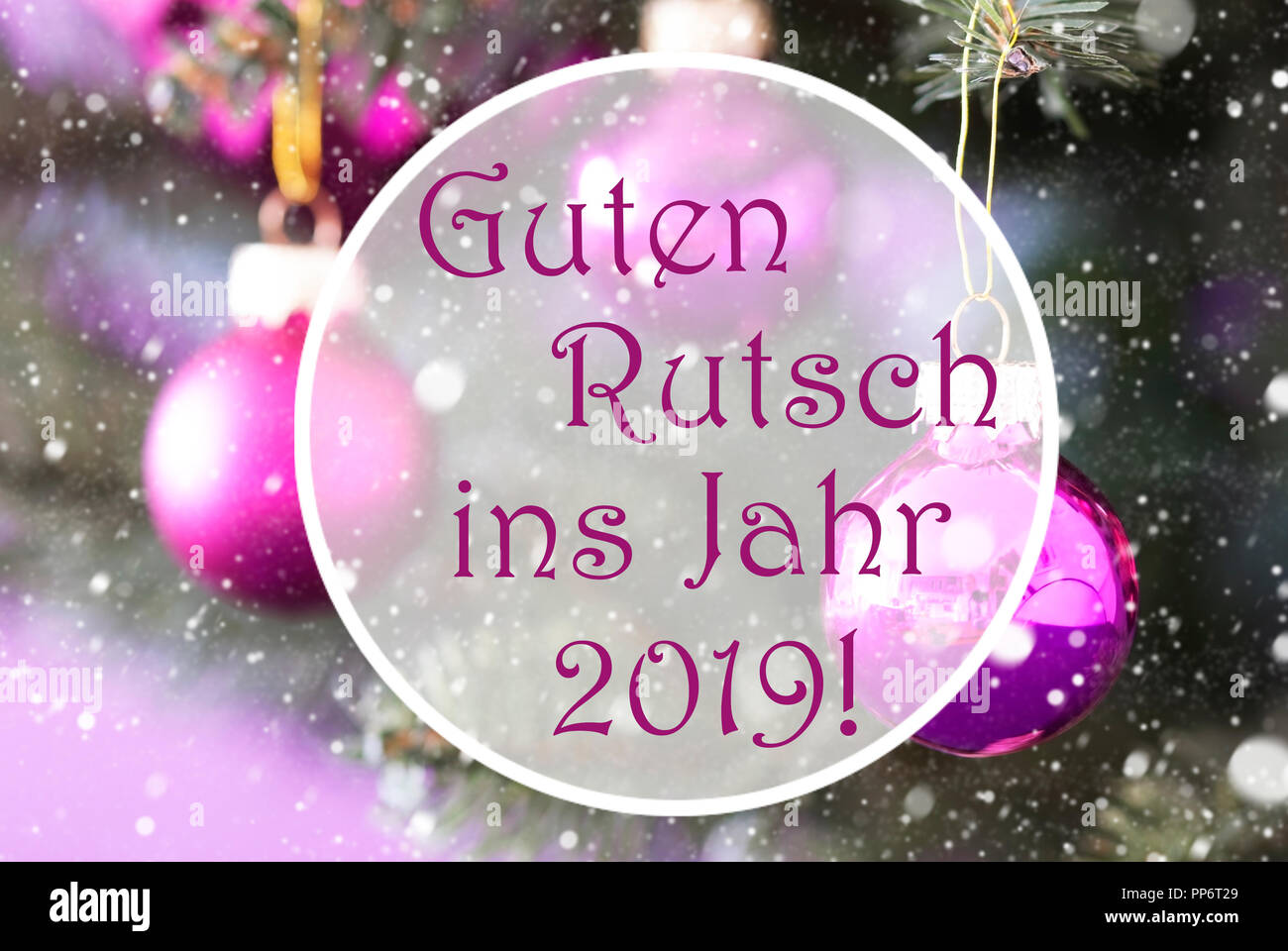 Rose Quartz Christmas Balls, Guten Rutsch 2019 Means New Year Stock Photo