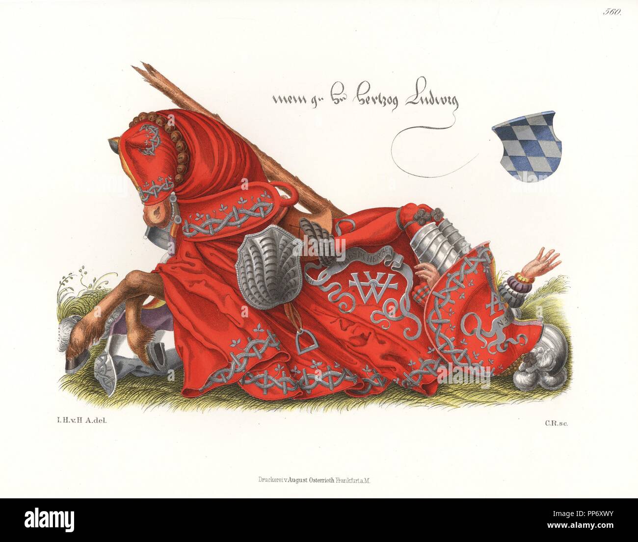 Count Ludwig knocked backward from his horse during a joust, 16th century. He wears a helmet, buckler and armour cuisses, and his lance is broken. The buckler (shield) and caparison have silver decoration painted on a red field. The fall occurred in a joust with his brother Duke William IV of Bavaria from an illustration in his Turnierbuch (Tournament Book). Chromolithograph from Hefner-Alteneck's 'Costumes, Artworks and Appliances from the Middle Ages to the 17th Century,' Frankfurt, 1889. Illustration by Dr. Jakob Heinrich von Hefner-Alteneck, lithographed by C. Regnier. Dr. Hefner-Alteneck  Stock Photo