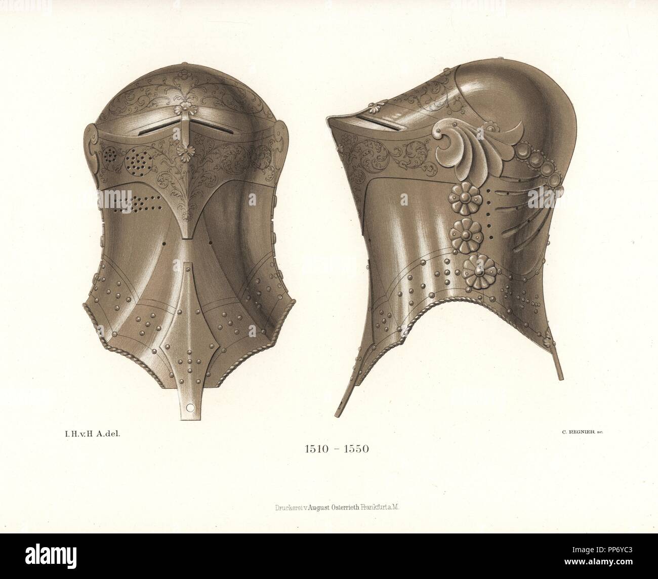 German frogmouth helm, first half of 16th century. Used in the Stechen joust, this round-headed helmet was bolted onto the cuirass. Chromolithograph from Hefner-Alteneck's 'Costumes, Artworks and Appliances from the Middle Ages to the 17th Century,' Frankfurt, 1889. Illustration by Dr. Jakob Heinrich von Hefner-Alteneck, lithographed by C. Regnier. Dr. Hefner-Alteneck (1811-1903) was a German museum curator, archaeologist, art historian, illustrator and etcher. Stock Photo