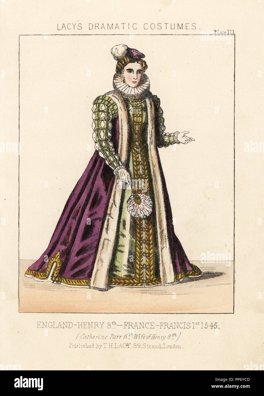 Catherine Parr, 6th wife of Henry VIII, England, 1545. Handcoloured lithograph from Thomas Hailes Lacy's 'Female Costumes Historical, National and Dramatic in 200 Plates,' London, 1865. Lacy (1809-1873) was a British actor, playwright, theatrical manager and publisher. Stock Photo