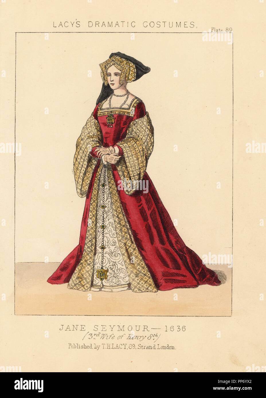 Costume of Jane Seymour third wife of Henry VIII of England 1536. Costume after a portrait by Hans Holbein. Handcoloured lithograph from Thomas Hailes Lacy s Female Costumes Historical National and Dr...