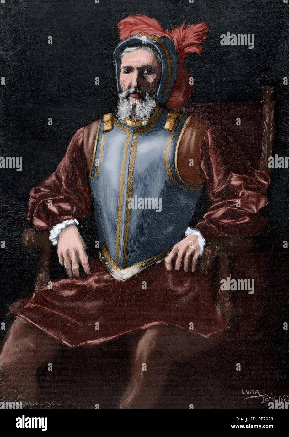 Miguel Lopez de Legazpi (1503-1572). Spanish admiral and governor. Engraving by Weber. The Artistic Illustration, 1886. Colored. Stock Photo