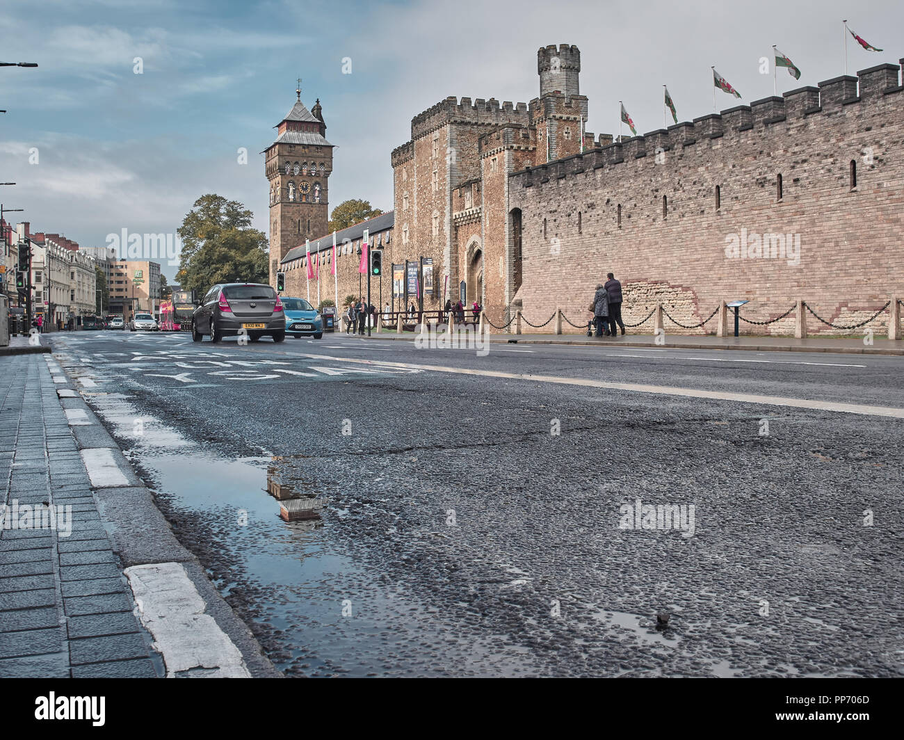Cardiff, United Kingdom - September 16, 2018: View of the walls around the castle of Cardiff Stock Photo