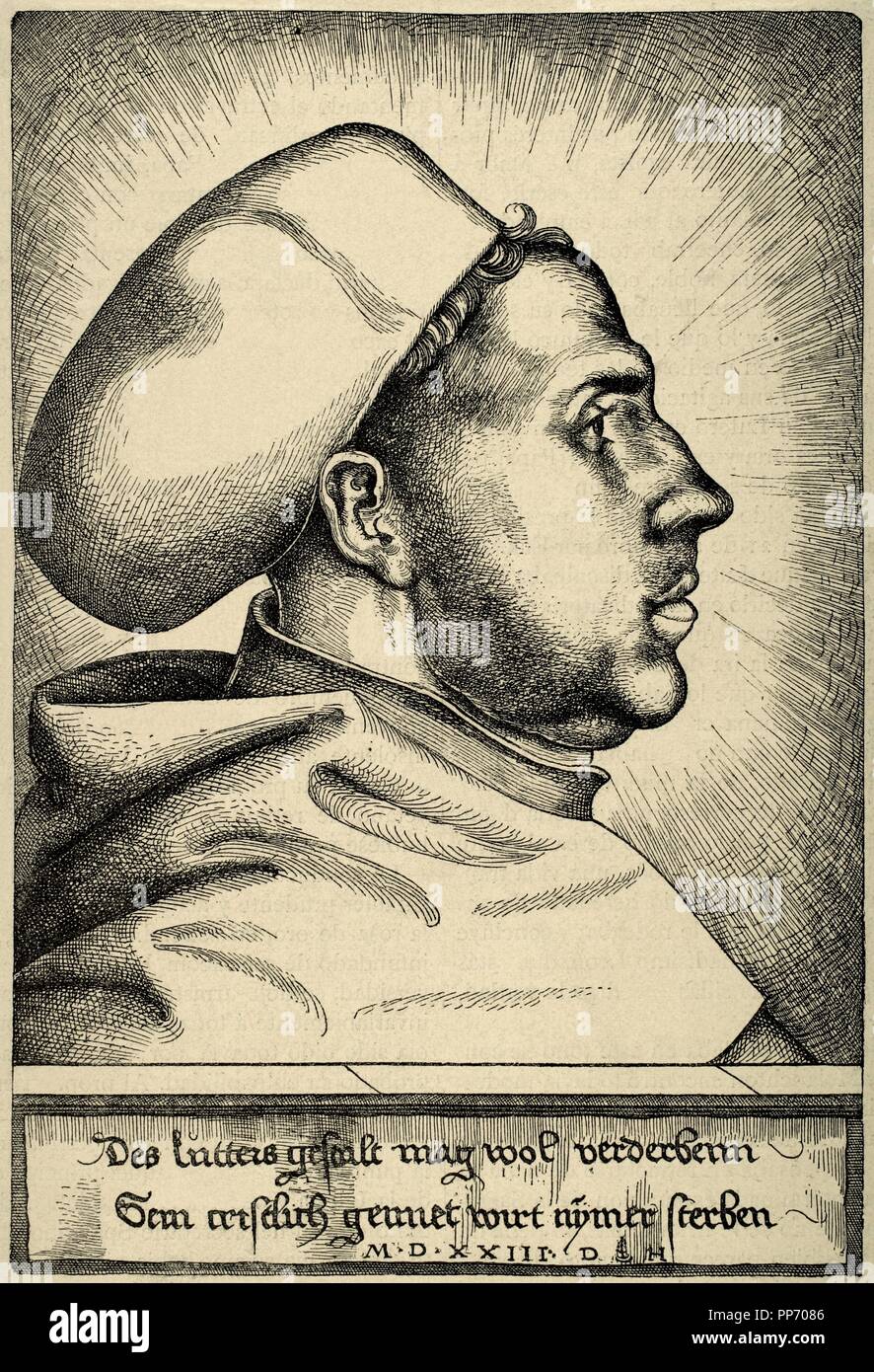 Martin Luther, (1483-1546). German reformer. Doctor of Theology and Augustinian priest. In 1517, outlined the main thesis of Lutheranism in Wittenberg. He was excommunicated in 1520. Engraving by Daniel Hopfer, 1523. Historia Universal, 1885. Stock Photo