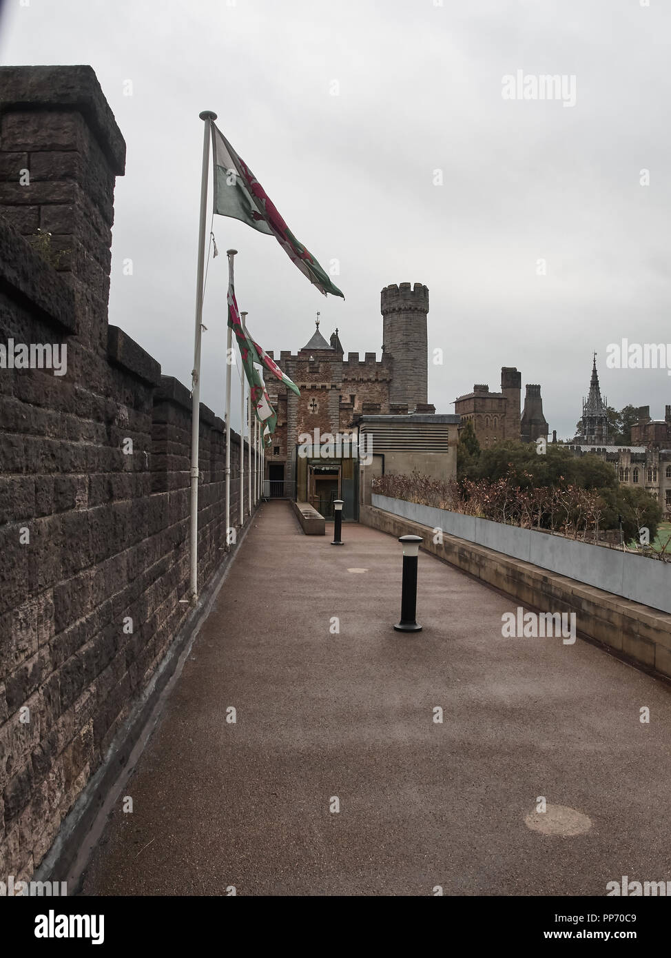 View of the walls of the castle of Cardiff from the inside Stock Photo