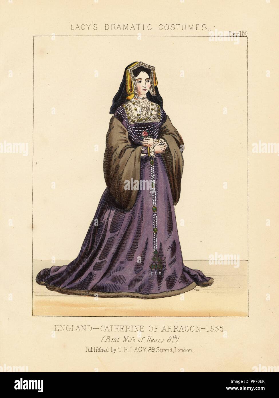 Catherine of Aragon, first wife of Henry VIII, England, 1532. Handcoloured lithograph from Thomas Hailes Lacy's 'Female Costumes Historical, National and Dramatic in 200 Plates,' London, 1865. Lacy (1809-1873) was a British actor, playwright, theatrical manager and publisher. Stock Photo