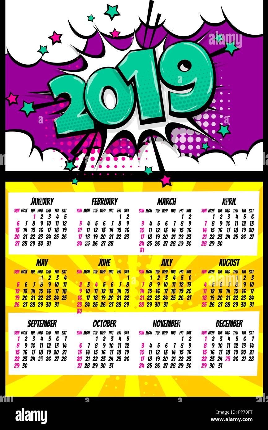 2019 retro super hero calendar pop art Stock Vector