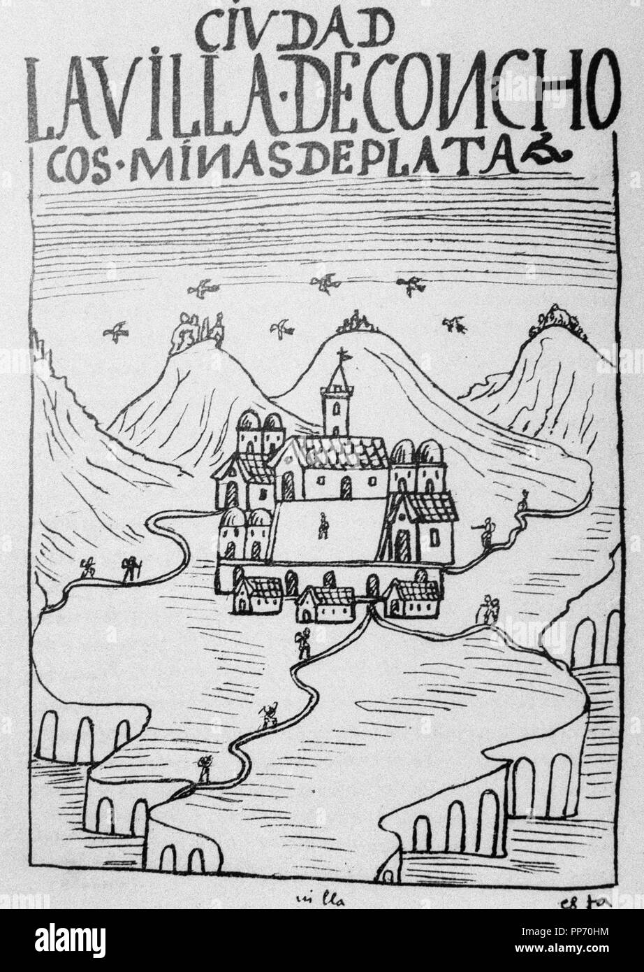 FELIPE HUAMAN POMA DE AYALA. CRONISTA INDIGENA DEL VIRREINATO DEL PERU.1534-1615. ILUSTRACION DE SU OBRA , ' NUEVA CRONICA Y BUEN GOBIERNO '. BIBLIOTECA DEL INSTITUTO DE COOPERACION IBEROAMERICANA. MADRID. LA VILLA DE CONCHOCOS , MINAS DE PLATA. Stock Photo