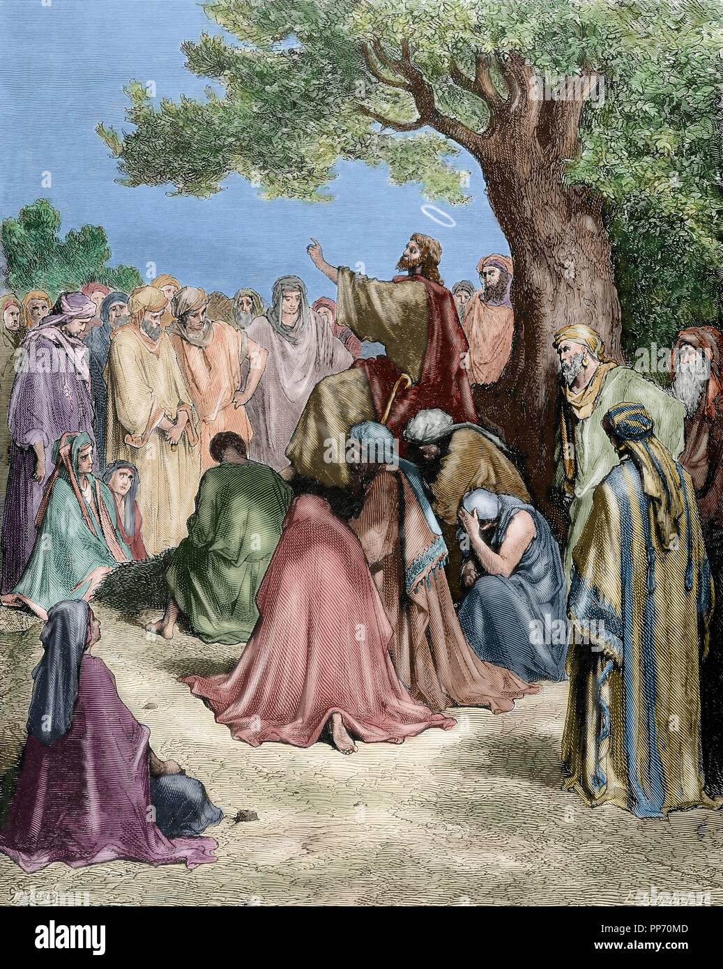 New Testament. Jesus preaching to the crowd. Gospel of Matthew, Chapter IV, Verses 17-22. Engraving. 19th century. Colored. Stock Photo