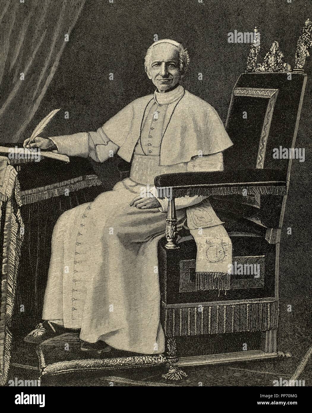 Leo XIII (1810-1903). Italian Pope (1878-1903), named Vincenzo Gioacchino Pecci. Portrait. Engraving. Stock Photo