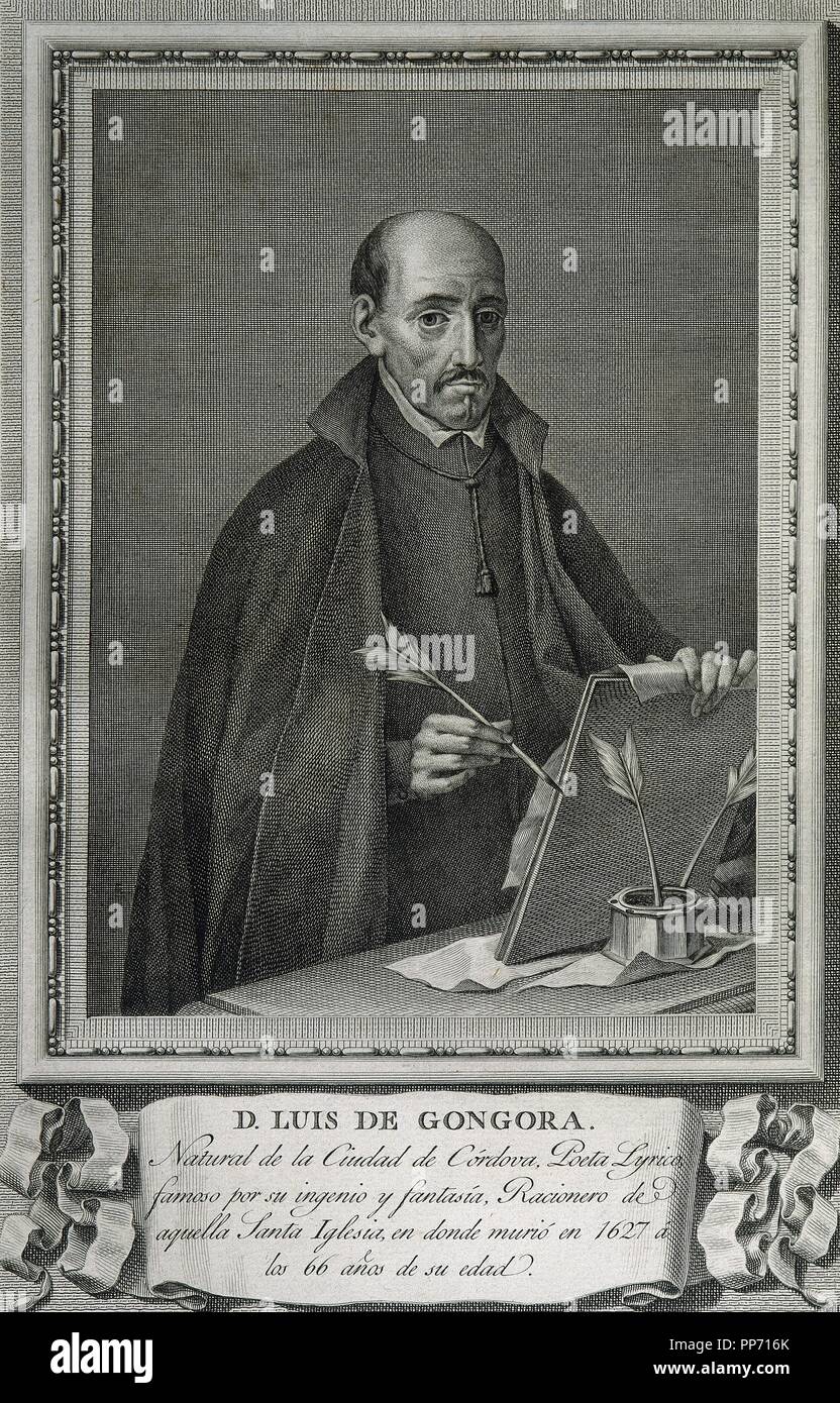 Luis de Gongora (1561-1627). Spanish Baroque lyric poet. Literary movement, culteranismo. Engraving. Stock Photo