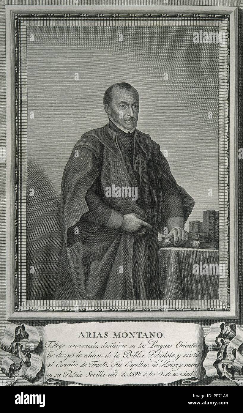 Benito Arias Montano (1527-1598). Spanish orientalist and editor of the Antwerp Polyglot. Engraving. Portrait. Stock Photo
