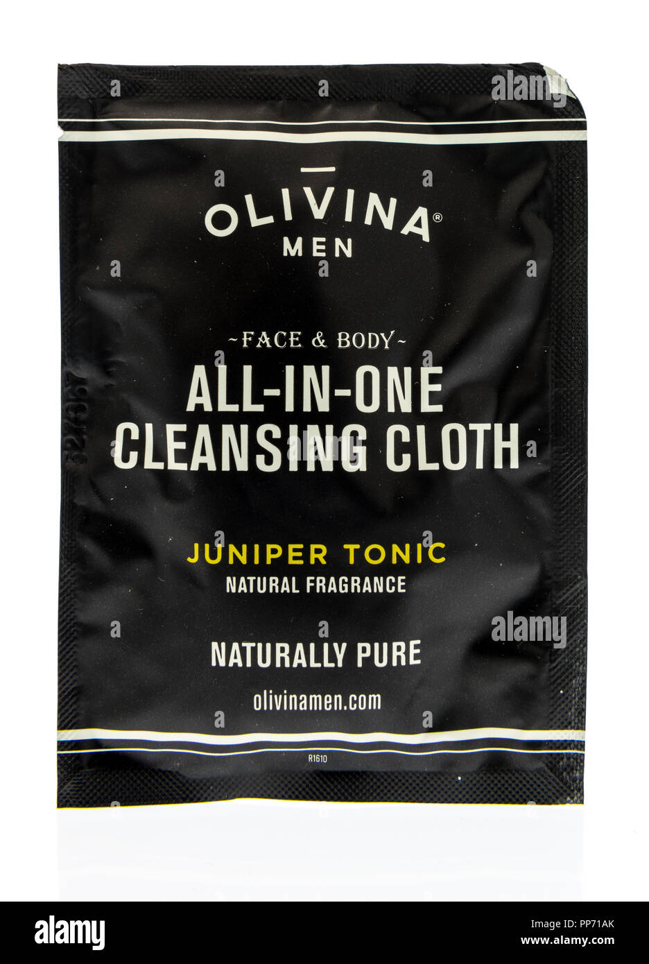 Winneconne, WI - 21 September 2018: A package of Olivia men face and body all in one cleansing cloth on an isolated background Stock Photo