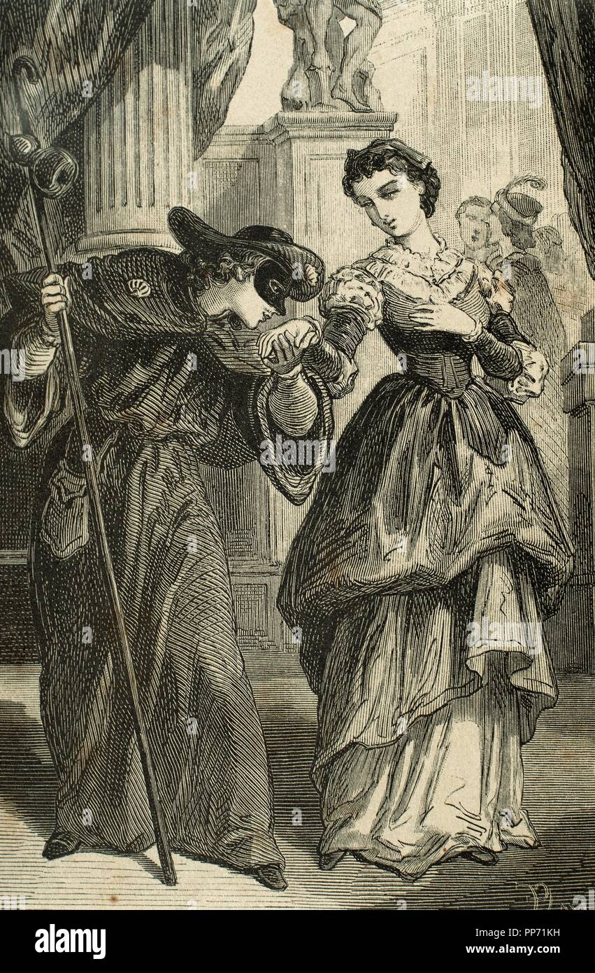 William Shakespeare (1564-1616). English writer. Romeo and Juliet. Romeo disguised as a pilgrim in a masked ball celebrated in the palace of Capulets. Engraving, 19th century. Stock Photo