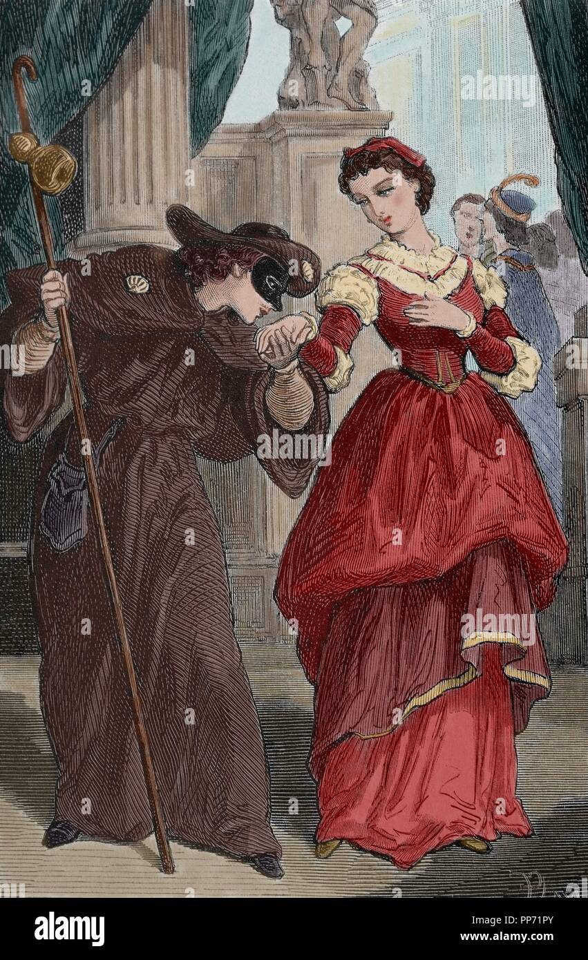 William Shakespeare (1564-1616). English writer. Romeo and Juliet. Romeo disguised as a pilgrim in a masked ball celebrated in the palace of Capulets. Engraving, 19th century. Colored. Stock Photo