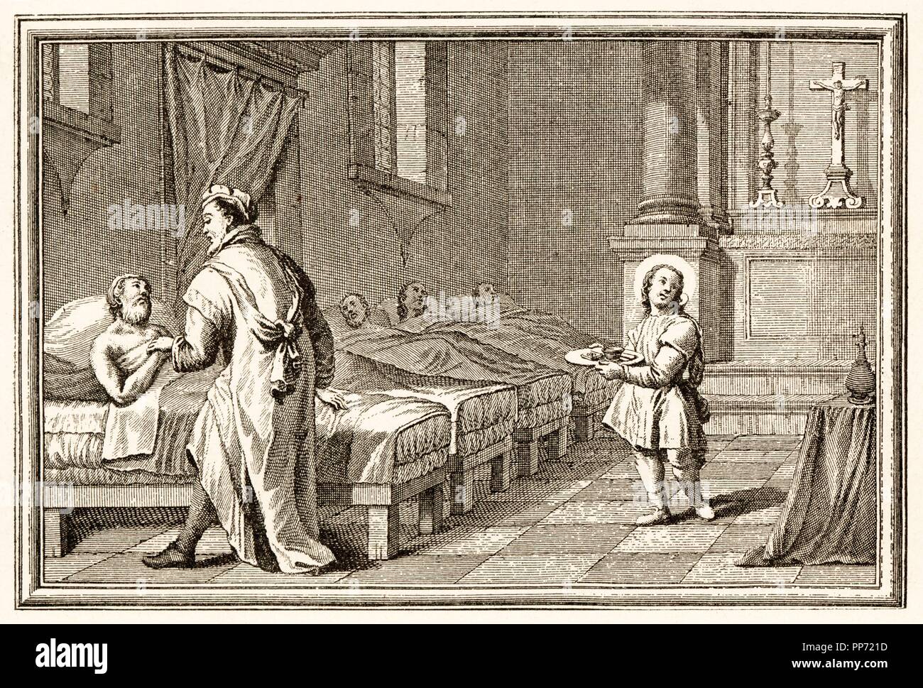 Vida de San Juan de la Cruz (1542-1591). A los doce años ejerce de enfermero auxiliar en el hospital de Medina del Campo. Grabado de 1890. Stock Photo