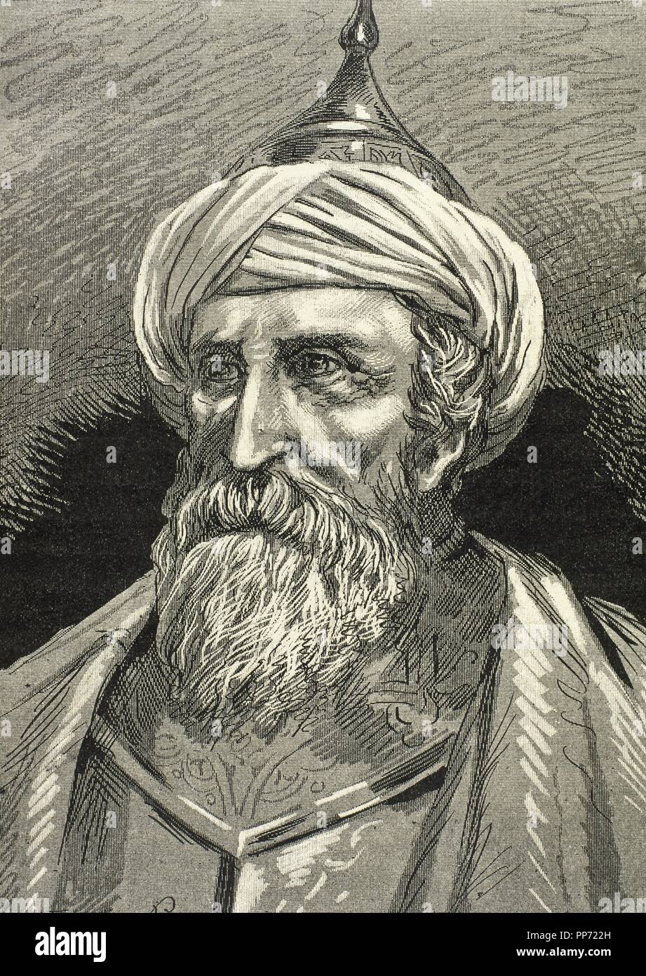 Muezzinzade Ali Pasha, also known as Sofu Ali Pasha, Sufi Ali Pasha or Meyzinoglu Ali Pasha (d.1571). Ottoman statesman and naval officer. He was Kapudan Pasha (Grand Admiral) in command of the Turkish fleet at the naval Battle of Lepanto, where he was killed in action. Portrait. Engraving. Stock Photo